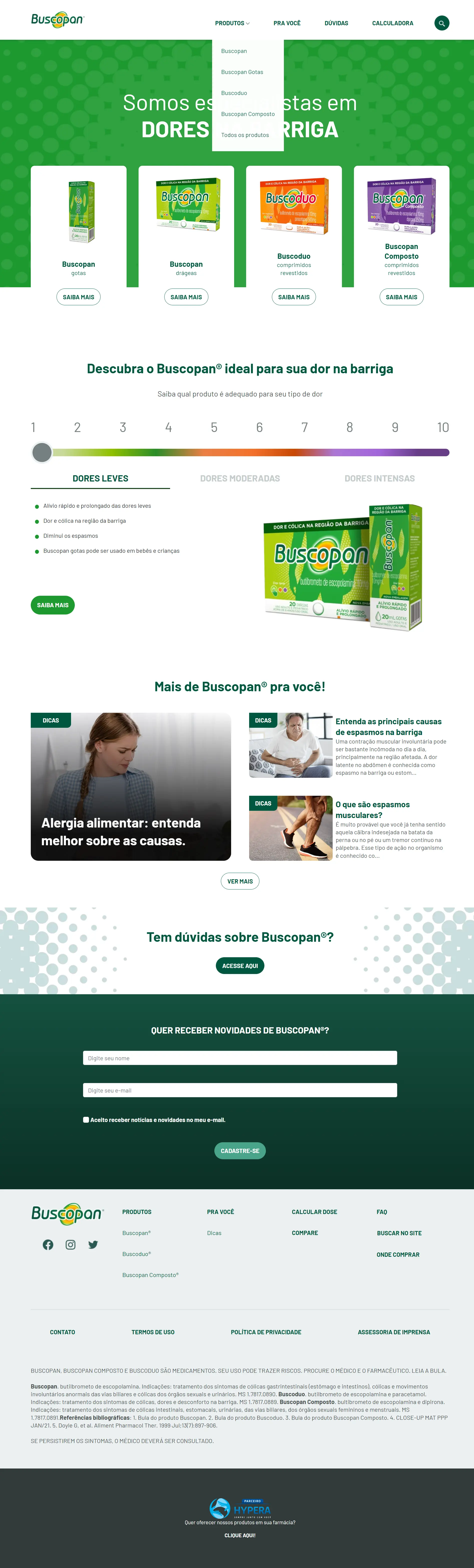Screenshot image of the products page on the website of Buscopan.