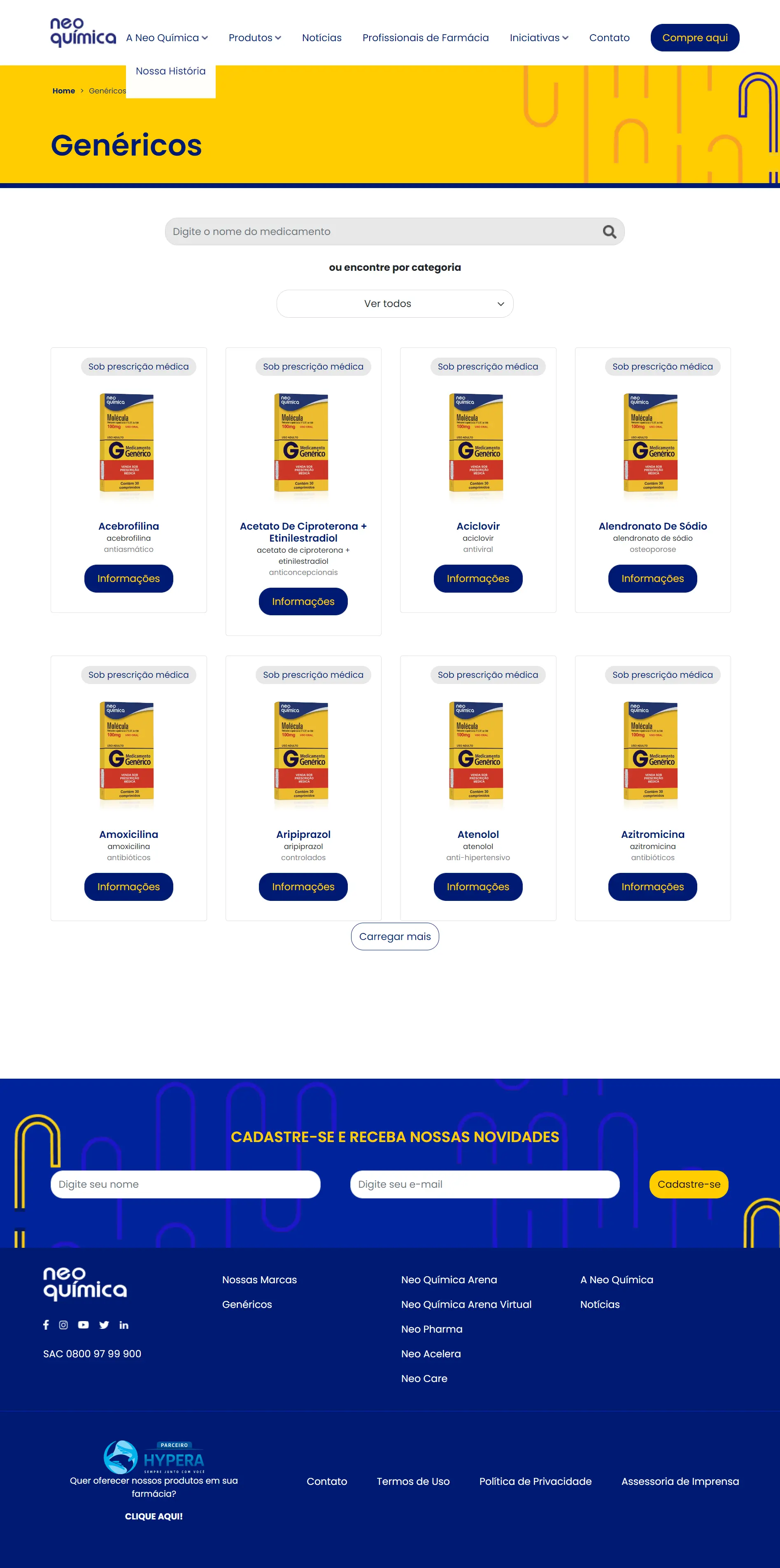 Screenshot image of the Generic products page on the Neo Química website.