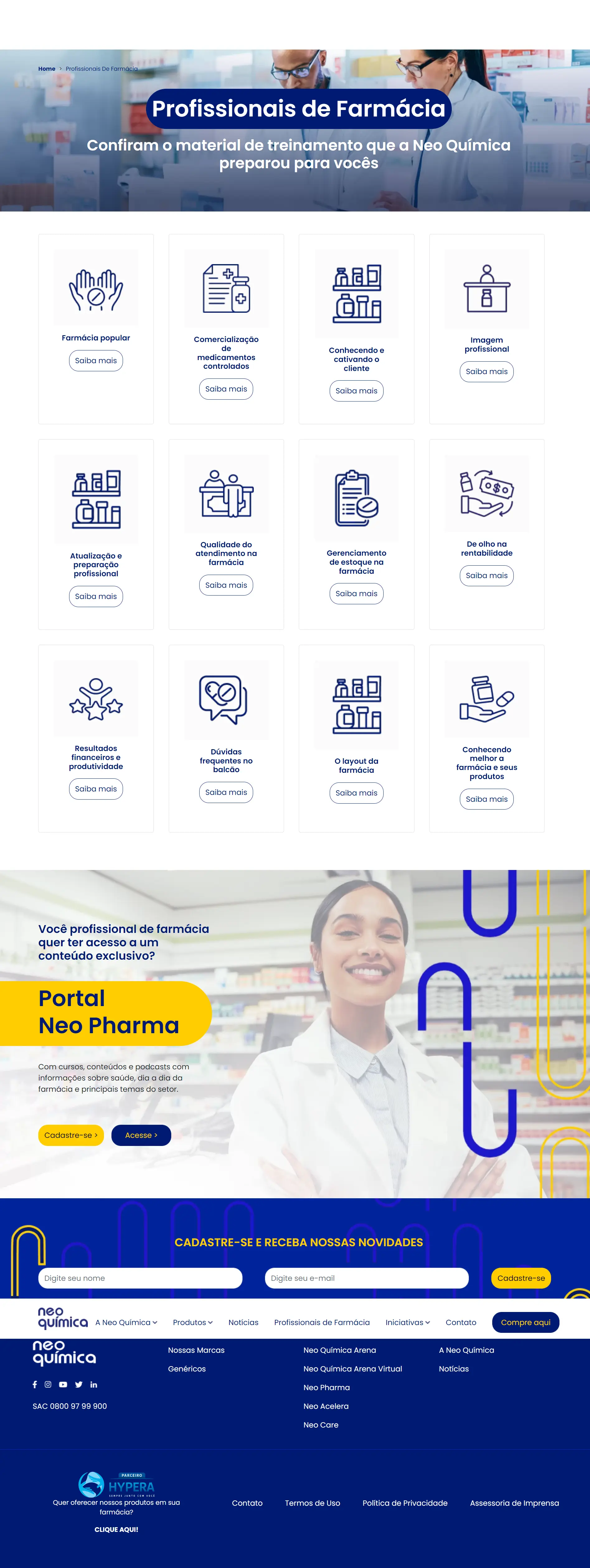 Screenshot image of the pharmacy professionals page on the Neo Química website.