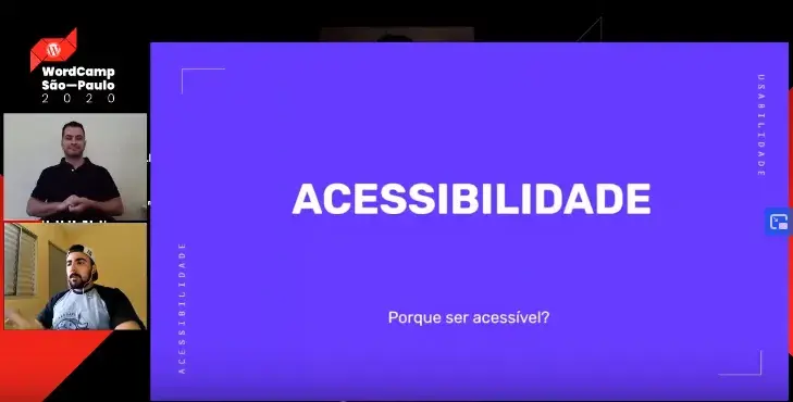 Video image of the Accessibility lecture at the WordCamp São Paulo event.
